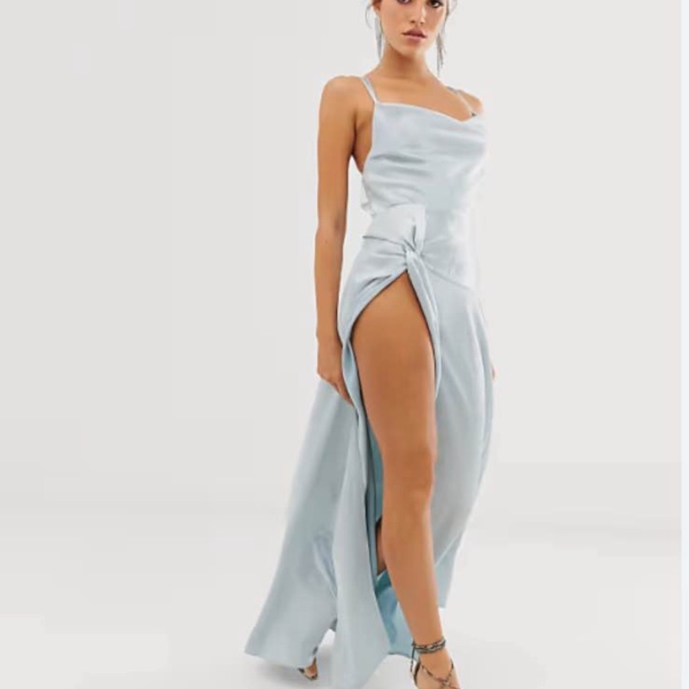 ASOS Light Blue Satin Cowl-Neck Maxi Dress with High Slit